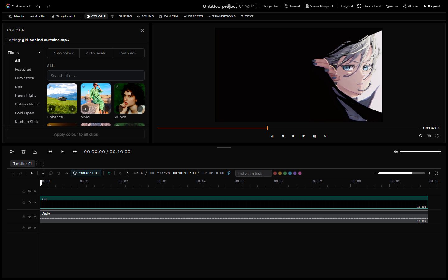 The Colurvist video editor with a clip on the stage, the Colour tool open and the timeline underneath