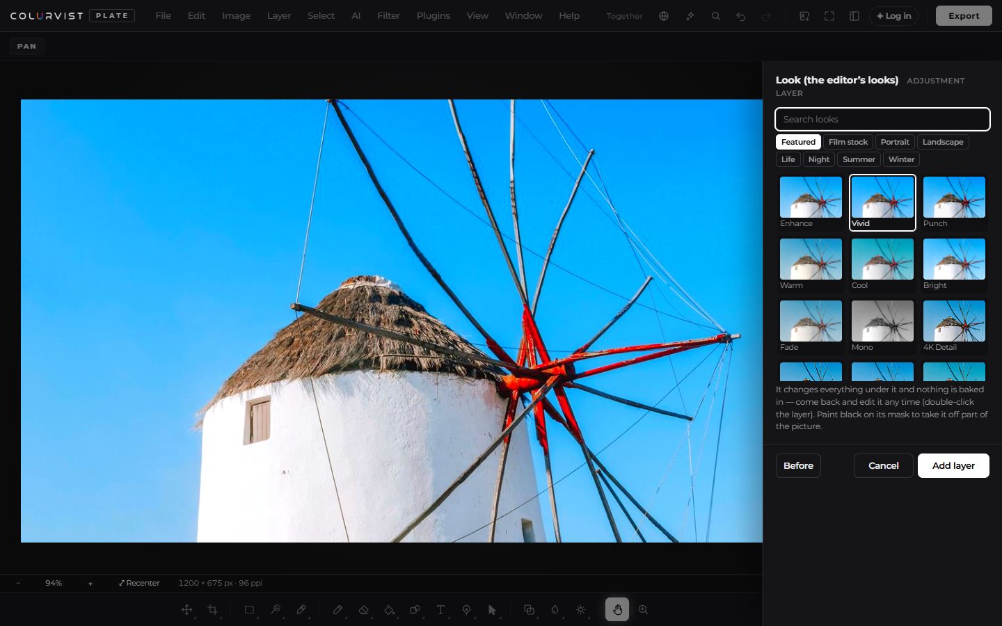 Plate open on a photo of a windmill, with the colour look gallery docked beside the picture